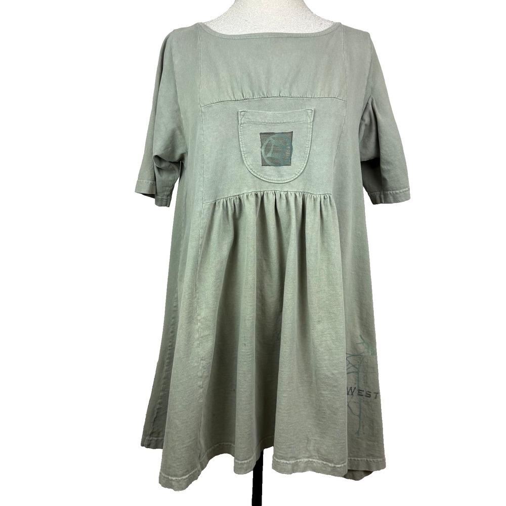 Blue Fish Tunic Dress Women OS Sage Green Lagenlook Art to Wear Artsy Whimsy 90s